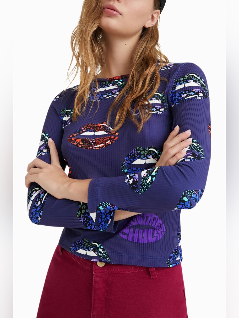 Desigual Blue Ribbed Long Sleeve Top La Vida Es Chula Flower Lips Keyhole Back